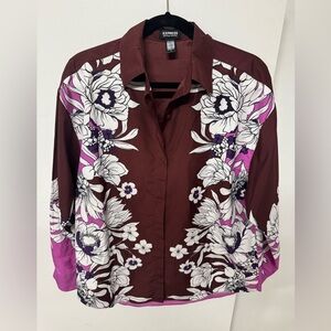 Express Women's Floral Button Down Shirt - Brown and Purple